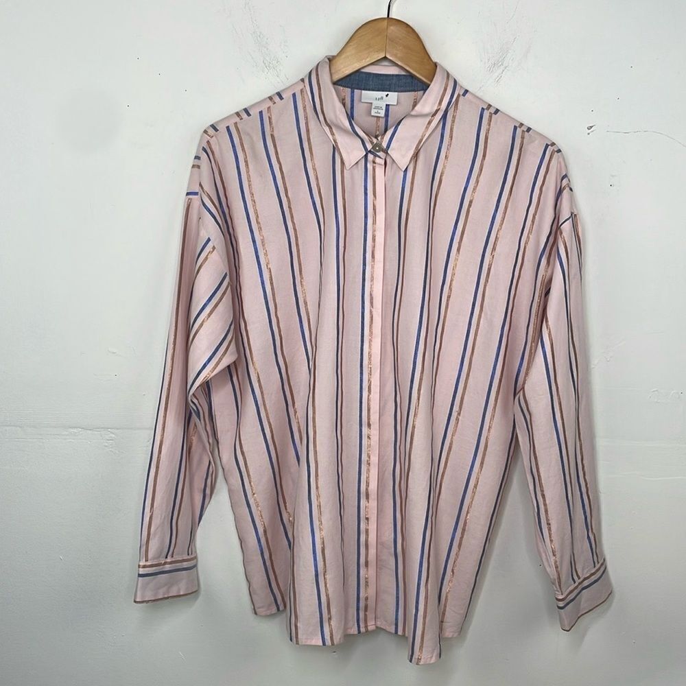 J. Jill Blush Pink Metallic Striped Easy Everyday Button Down Shirt Blouse L